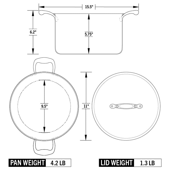 Technical drawing of a frying pan with measurements and weights on a white background