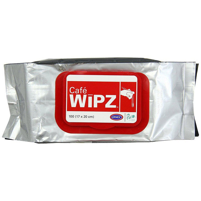 Top view of Urnex Cleaning Supplies Urnex Cafe Wipz Coffee Equipment Cleaning Wipes displayed on a white background