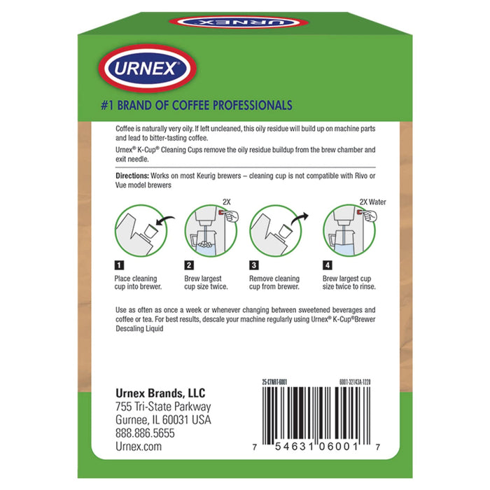 Back side of Urnex K-Cup cleaning cups packaging with description and directions displayed on a white background