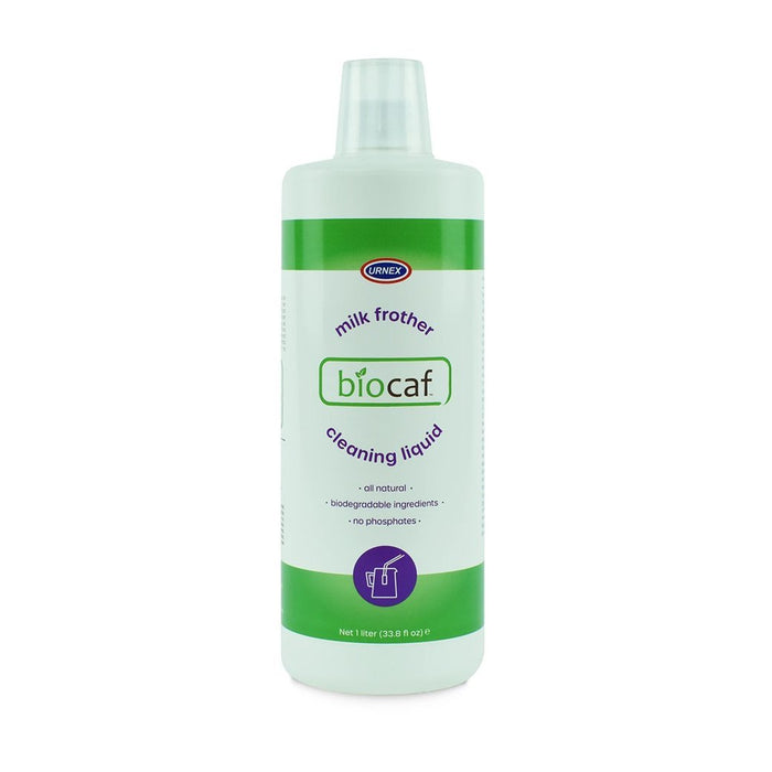 Biocaf milk frother cleaning liquid bottle on a white background
