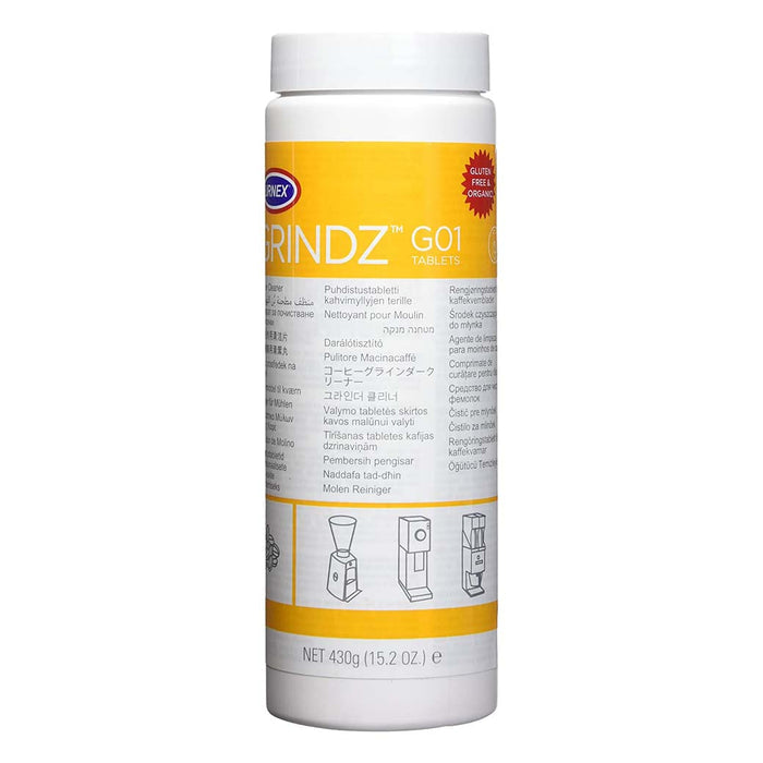 Container of Grindz G01 tablets with a yellow label on a white background