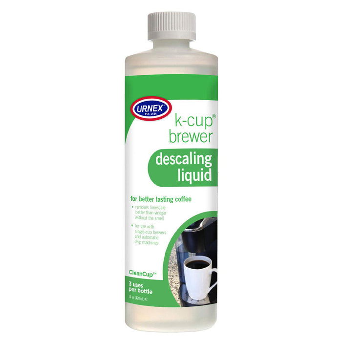 Urnex k-cup brewer descaling liquid bottle on a white background