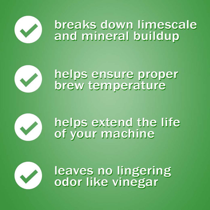Descriptions of what Urnex Cleancup descaling liquid can help when cleaning your machines
