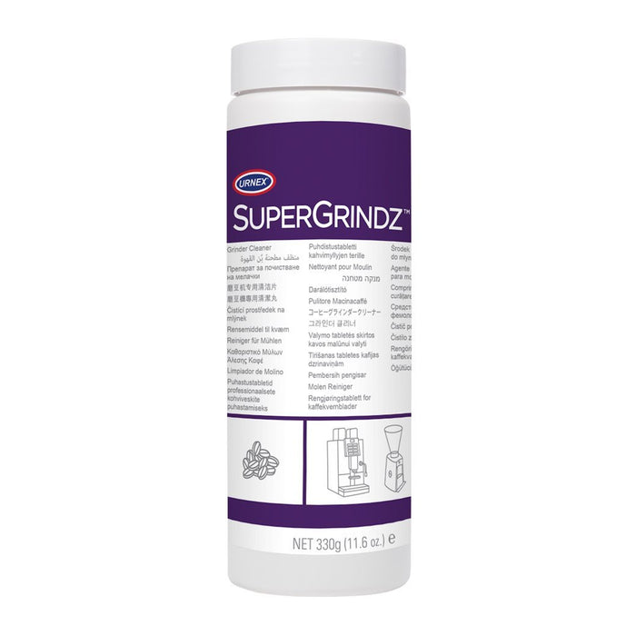 SuperGrindz container with purple label on a white background