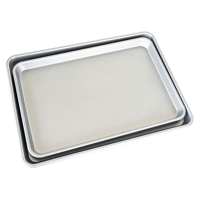 Viking Culinary 2 Piece Nonstick Baking Sheet Set, Silver, 15" & 18" stacked on top of each other displayed on a white background