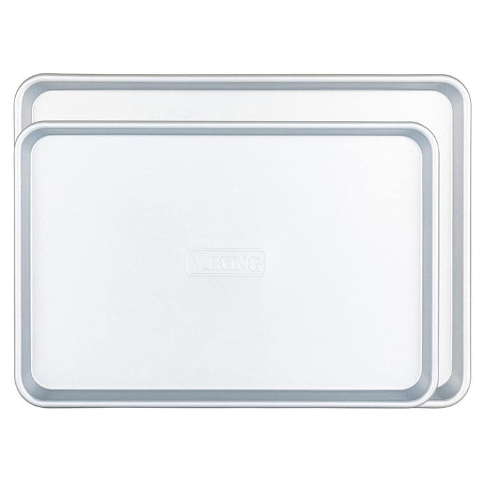 Viking Culinary 2 Piece Nonstick Baking Sheet Set, Silver, 15" & 18" stacked on top of each other displayed on a white background