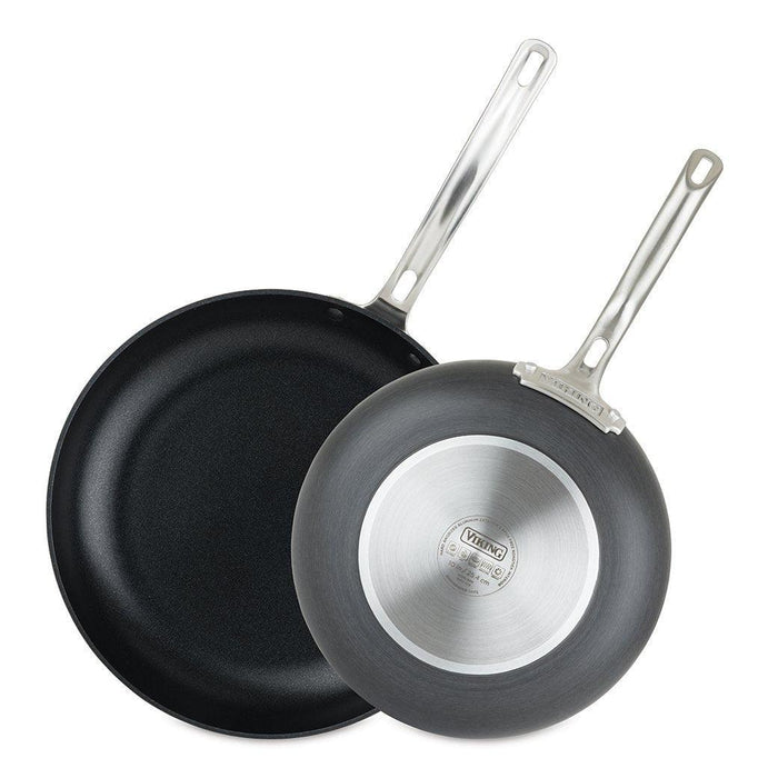 Front and back view of Viking Hard Anodized Nonstick 2-piece Fry Pan Set displayed on a white background