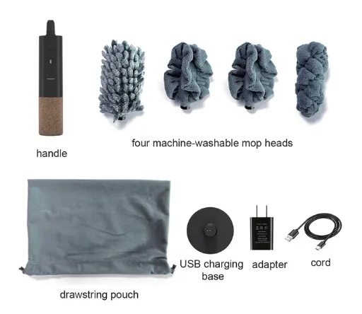 Attachments and accessories that are included in the Vina rechargeable wine glass cleaner and polisher displayed on a white background