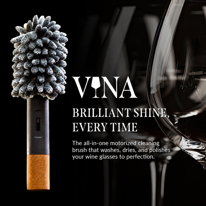 Description of how the Vina rechargeable wine glass cleaner and polisher will have the glasses with a brilliant shine everytime