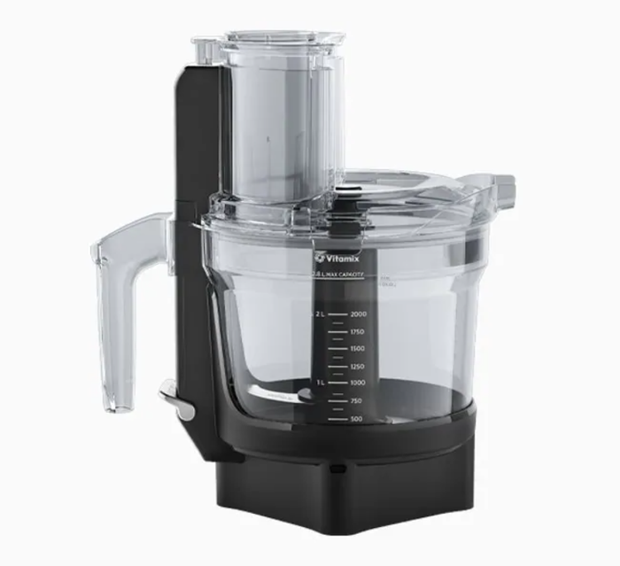 Black and clear Vitamix food processor on a white background