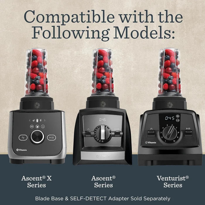 Promotional graphic showing three Vitamins blender blade bases side by side, each filled with mixed berries, under the heading 'Compatible with the Following Models:' with model names Ascent X Series, Ascent Series, and Venturist Series.