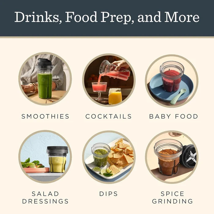 Promotional graphic for a blender jar set, featuring six circular lifestyle photos demonstrating the jar in use for smoothies, cocktails, baby food, salad dressings, dips, and spice grinding, under the heading 'Drinks, Food Prep, and More'.