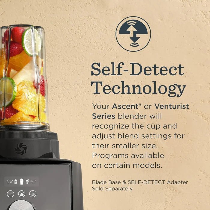 Promotional graphic for a countertop blender showing a clear cup filled with fruit on the left and large text on the right explaining 'Self-Detect Technology' for smaller cup sizes. The blender base is dark gray/black, and the background is a warm beige textured wall.