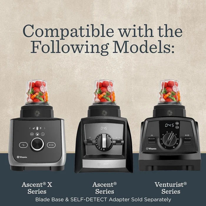 Promotional graphic showing three Vitamix blender bases with the text 'Compatible with the Following Models:' above them. The models shown are Ascent X Series, Ascent Series, and Venturist Series, each with a clear blender jar filled with colorful vegetables.