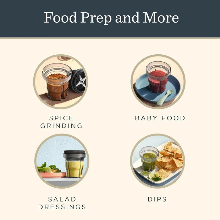 Promotional graphic for a food prep and storage product, featuring four circular images with text labels: 'SPICE GRINDING,' 'BABY FOOD,' 'SALAD DRESSINGS,' and 'DIPS.' The top banner reads 'Food Prep and More.