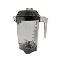 Clear blender container with black lid and handle on a white background