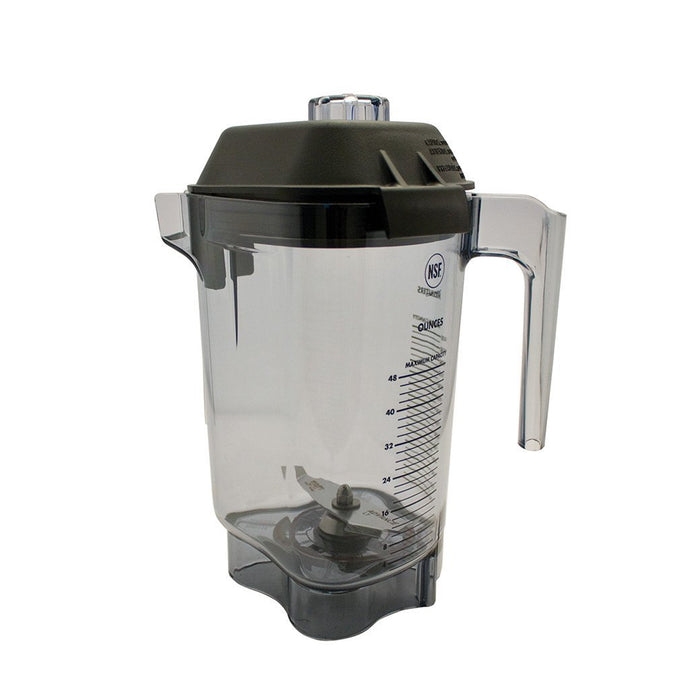 Clear blender container with black lid and handle on a white background