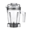 Side view of clear Vitamix Aer Disc Aerating Container - 48 oz. with lid displayed on a white background