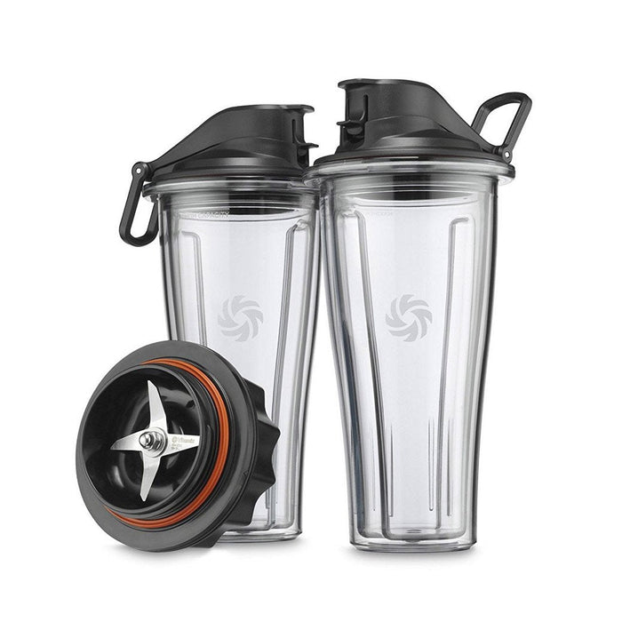 Set of 2 Vitamix Household Blender Blending Cups and accessories displayed on a white background