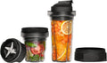 Three clear blending cups with black lids and blades, shown on a white background. The tall cup on the right contains orange slices and carrots, the medium cup in the middle contains mixed greens and red onion, and the short cup on the left shows the exposed silver blades.