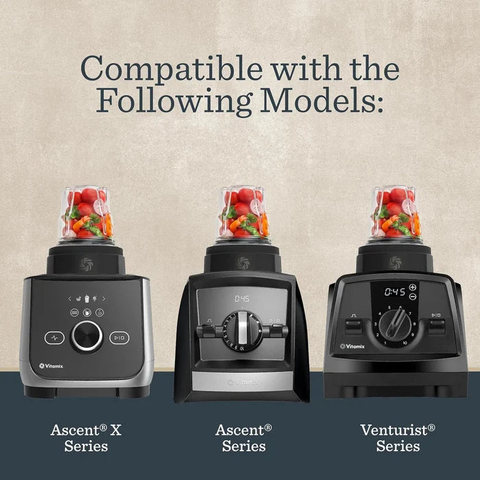 Promotional graphic showing three Vitamix blender bases with jars containing fruit and vegetables, under the heading 'Compatible with the Following Models:'. The left and center units are labeled Ascent X Series and Ascent Series, and the right unit is labeled Venturist Series.