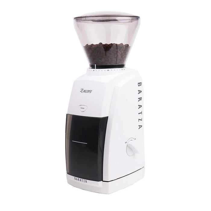 White Baratza Encore Grinder with power switch and coffee bean filled bean hopper displayed on a white background