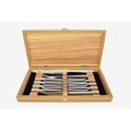 Wusthof 10-piece Stainless Steak Knife and Carving Set displayed inside olivewood chest on a white background