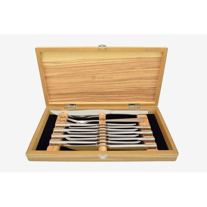 Wusthof 10-piece Stainless Steak Knife and Carving Set displayed inside olivewood chest on a white background
