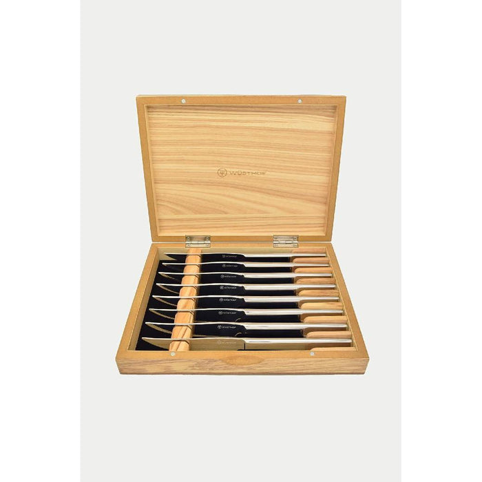 Wusthof 8-Piece Stainless Steak Knife Set in olievewood Wooden Chest displayed on a white background