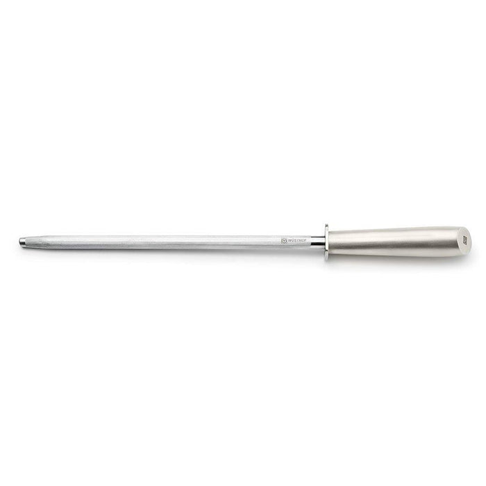 Wusthof Brushed Stainless Honing Steel - 10″ displayed horizontally on a white background