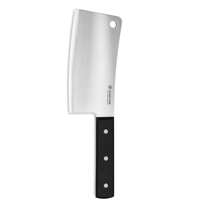 6 inch Wusthof classic meat cleaver displayed vertically on a white background