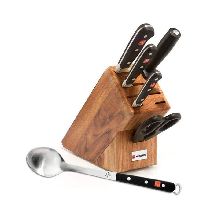 Wusthof Classic 6-Piece Block Set with knife set inserted into knife block with Free Spoon displayed on a white background