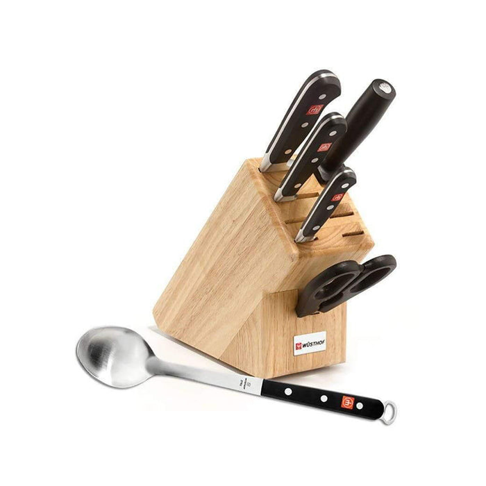Wusthof Classic 6-Piece Block Set with knife set inserted into knife block with Free Spoon displayed on a white background