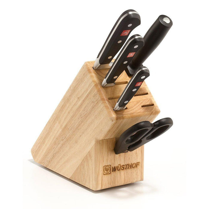 Wusthof Classic 6-piece Knife Block Set with knife set inserted into Beechwood knife block displayed on a white background