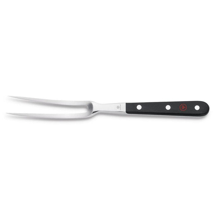 6 inch Wusthof curved classic carving fork displayed on a white background
