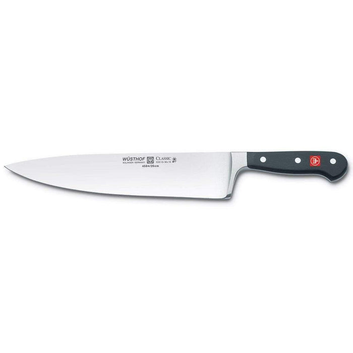 10 inch Wusthof Classic Extra Wide Chef's Knife displayed horizontally on a white background