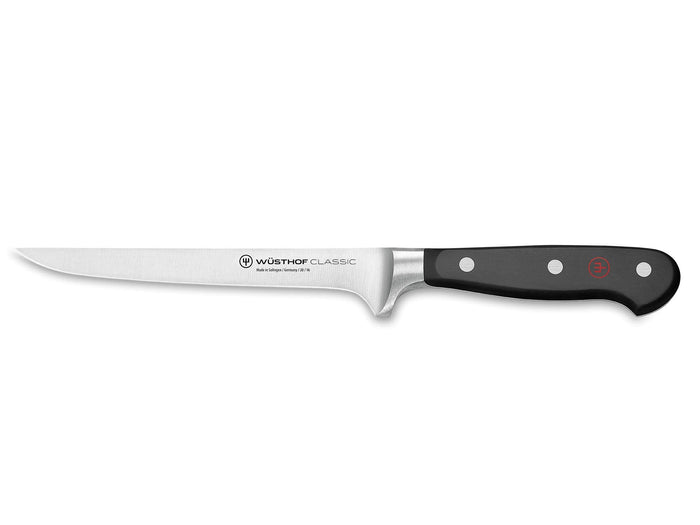 Wusthof Classic 6 inch flexible boning knife with a black handle and silver blade.