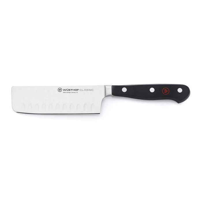 5 inch Wusthof Classic Hollow Edge Nakiri Knife displayed horizontally on a white background