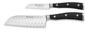 A set of two Wusthof Classic Ikon knives with black handles and stainless steel blades, including a 5-inch santoku knife and a 3-inch straight paring knife.