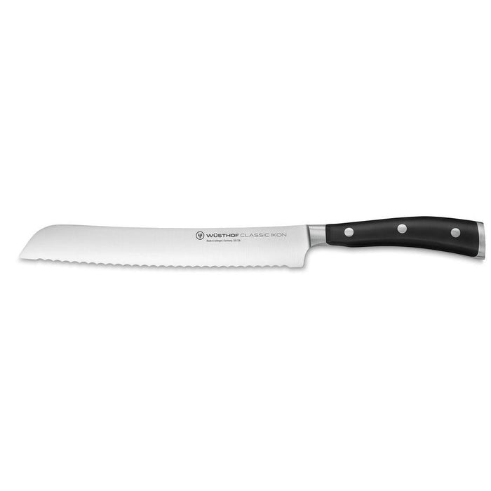 8 inch Wusthof Classic Ikon Bread Knife displayed horizontally on a white background