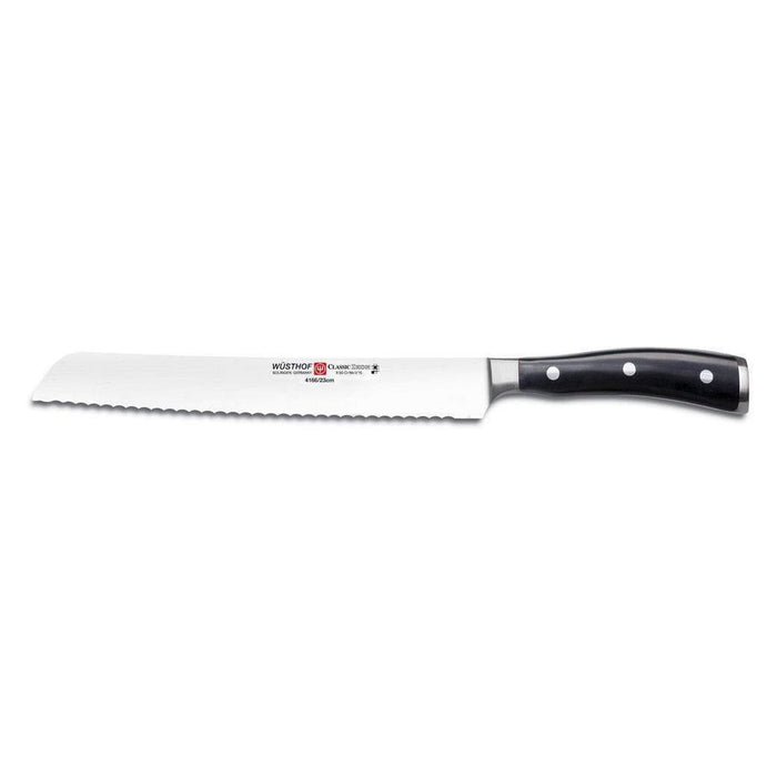 9 inch Wusthof Classic Ikon Bread Knife displayed horizontally on a white background