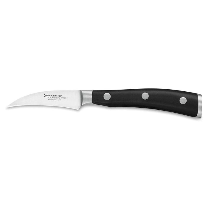 Wusthof Classic Ikon Curved Peeling Knife (2.75") displayed horizontally on a white background