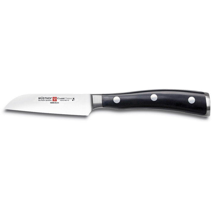 Wusthof Classic Ikon Flat Cut Paring Knife - 3″ displayed horizontally on a white background