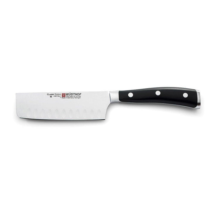 5 inch Wusthof Classic Ikon Hollow Edge Nakiri Knife displayed horizontally on a white background