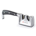 Wusthof Classic Ikon 2-Stage Knife Sharpener with a silver body and black handle.