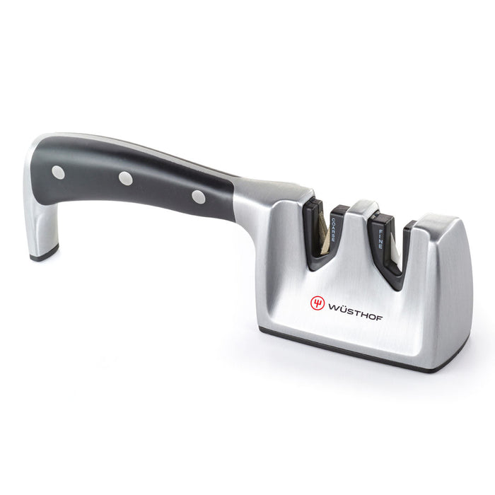 Wusthof Classic Ikon 2-Stage Knife Sharpener with a silver body and black handle.