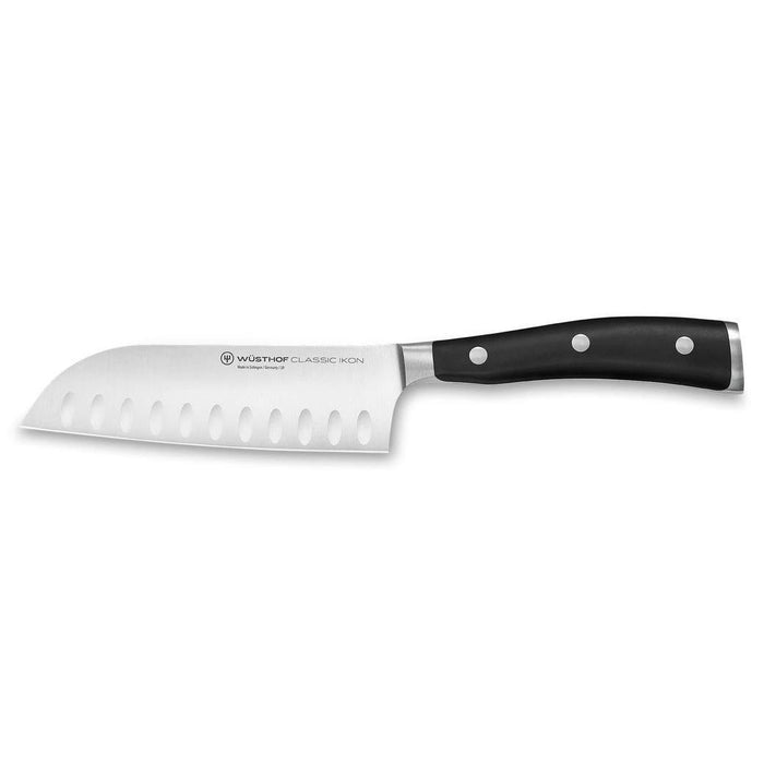 5 inch Wusthof classic ikon santoku knife displayed horizontally on a white background