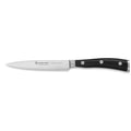 A 4.5 inch Wusthof Classic Ikon Utility Knife with a black handle and a silver-colored blade.