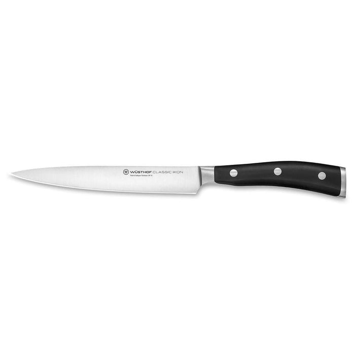 6 inch Wusthof classic ikon utility knife displayed horizontally on a white background