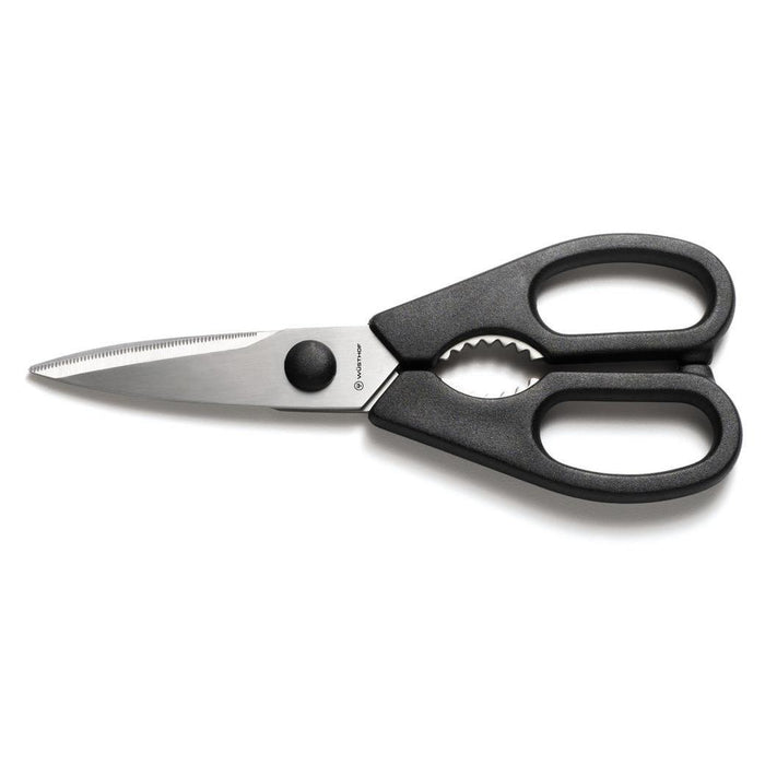 Black Wusthof come-apart kitchen shears displayed on a white background